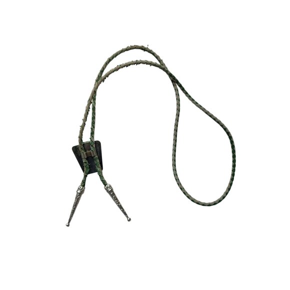 VINTAGE Southwestern Bolo Tie Green Turquoise‎ Stone Braided Leather Silver - Picture 4 of 8